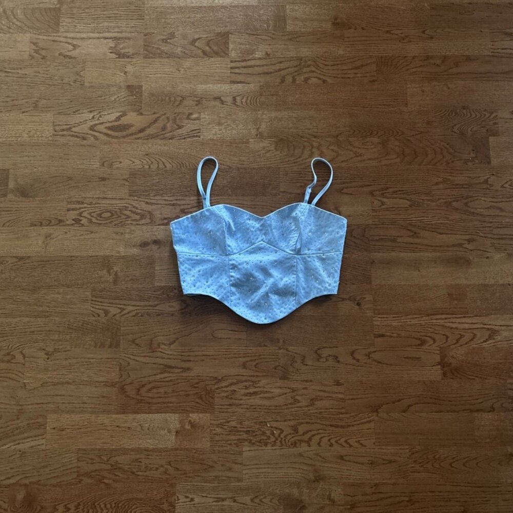 Superdown Janet Corset Top Light Blue small Tank Cami Satin Crystal Bustier Zip